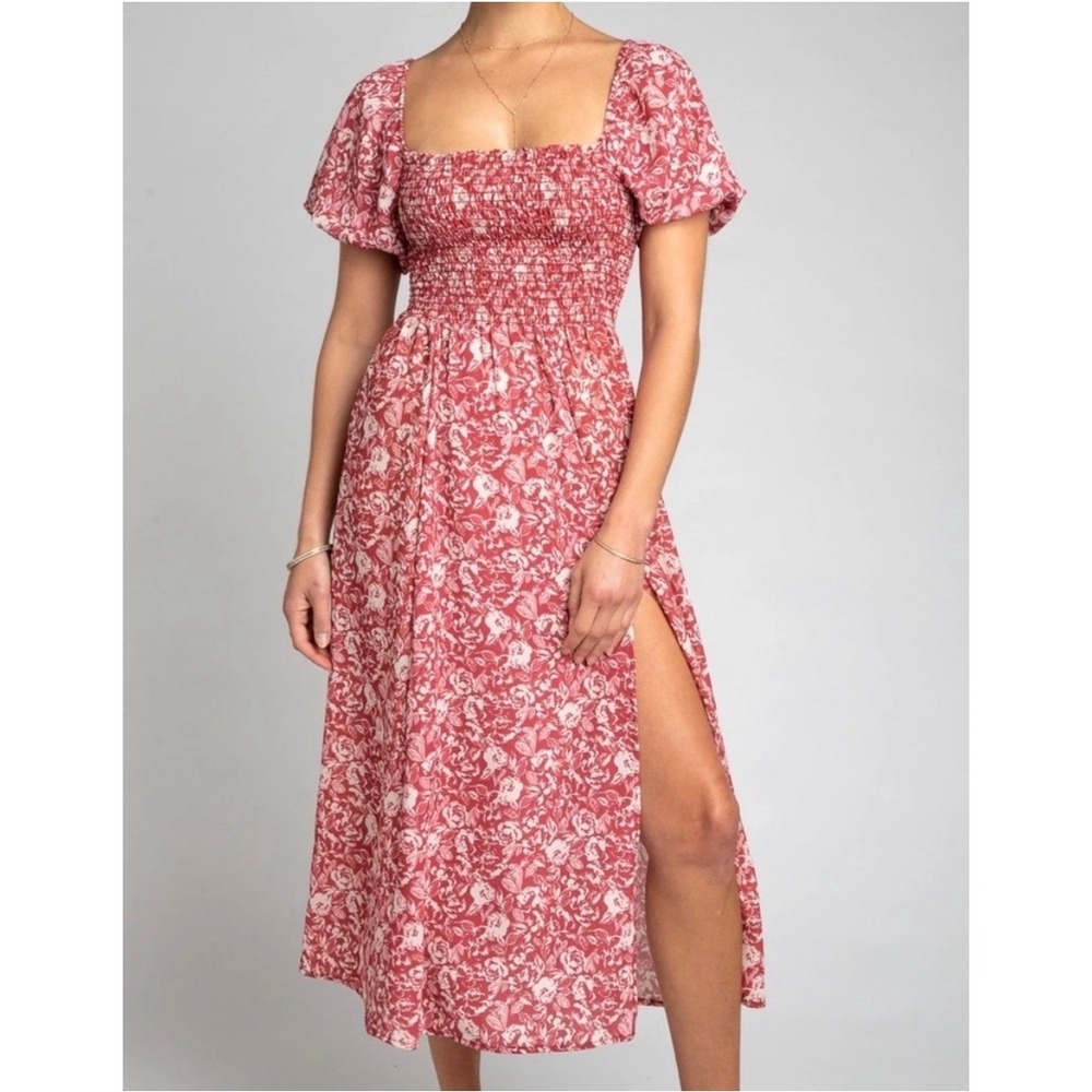 RESA Kaia Red Floral Smocked Midi Dress Puff Sleeve Cottage Small